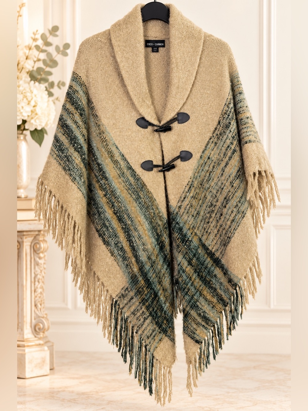 COCO + CARMEN Fringe Poncho O/S Boho Shawl Collar Toggle Knit